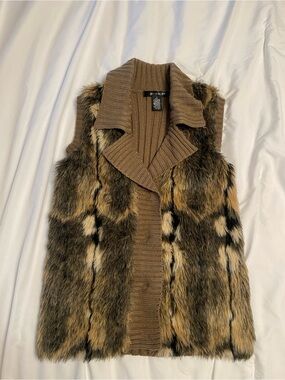 Brown Faux Fur Knit-Trim Vest - Womens Jacket & Coat with gold